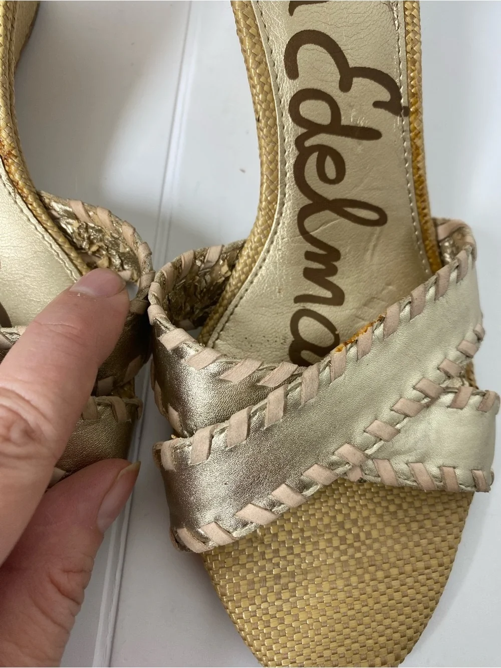 Sam Edelman Gold and Tan Wedge Sandals with Ankle Strap Flawed